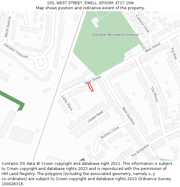 105, WEST STREET, EWELL, EPSOM, KT17 1XW: Location map and indicative extent of plot