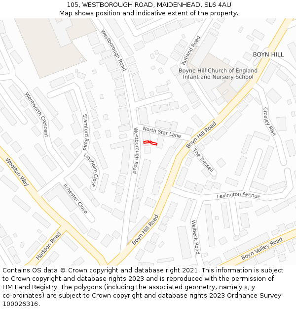 105, WESTBOROUGH ROAD, MAIDENHEAD, SL6 4AU: Location map and indicative extent of plot