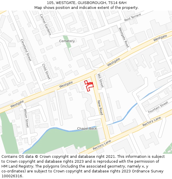105, WESTGATE, GUISBOROUGH, TS14 6AH: Location map and indicative extent of plot