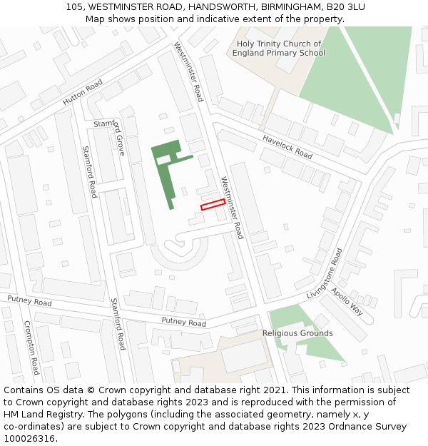 105, WESTMINSTER ROAD, HANDSWORTH, BIRMINGHAM, B20 3LU: Location map and indicative extent of plot