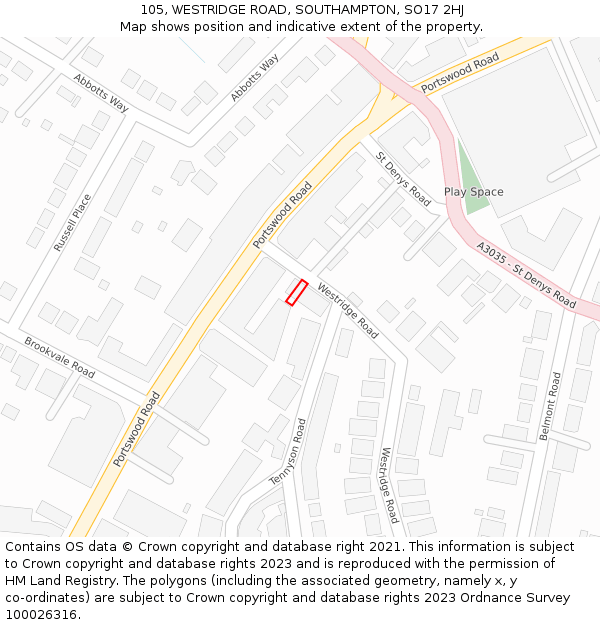 105, WESTRIDGE ROAD, SOUTHAMPTON, SO17 2HJ: Location map and indicative extent of plot