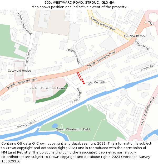 105, WESTWARD ROAD, STROUD, GL5 4JA: Location map and indicative extent of plot