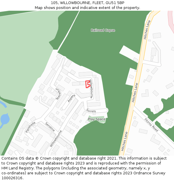 105, WILLOWBOURNE, FLEET, GU51 5BP: Location map and indicative extent of plot