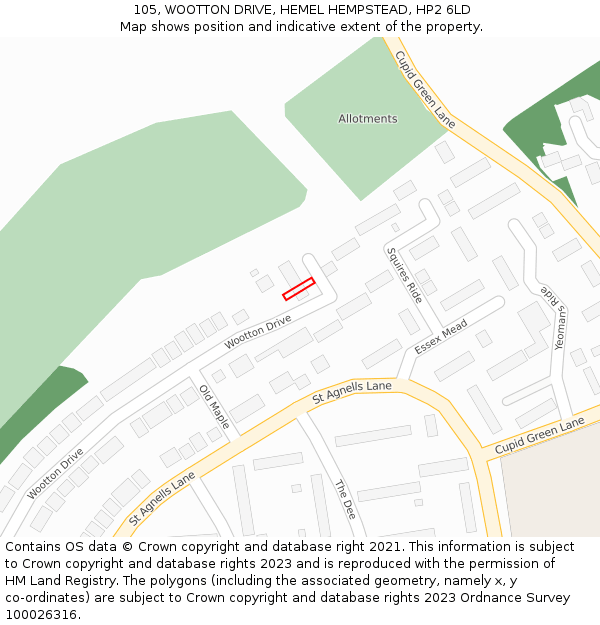 105, WOOTTON DRIVE, HEMEL HEMPSTEAD, HP2 6LD: Location map and indicative extent of plot