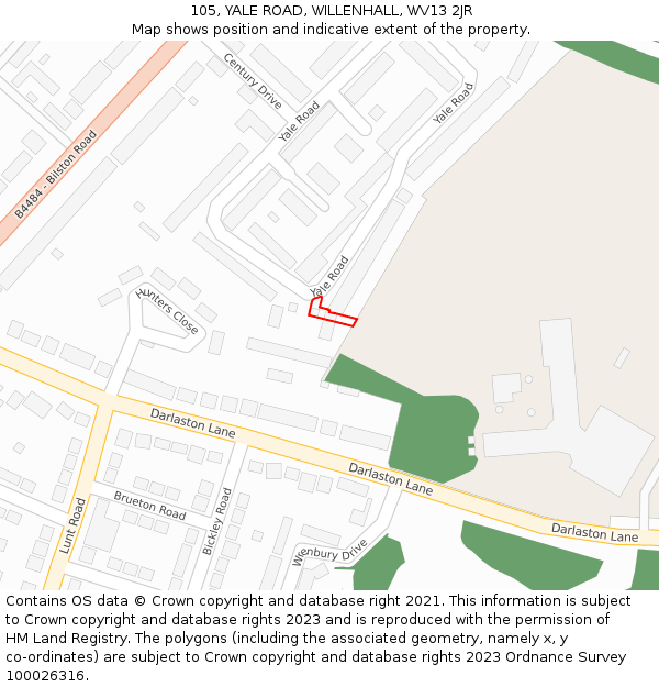 105, YALE ROAD, WILLENHALL, WV13 2JR: Location map and indicative extent of plot