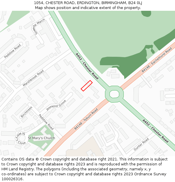 1054, CHESTER ROAD, ERDINGTON, BIRMINGHAM, B24 0LJ: Location map and indicative extent of plot