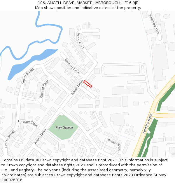 106, ANGELL DRIVE, MARKET HARBOROUGH, LE16 9JE: Location map and indicative extent of plot