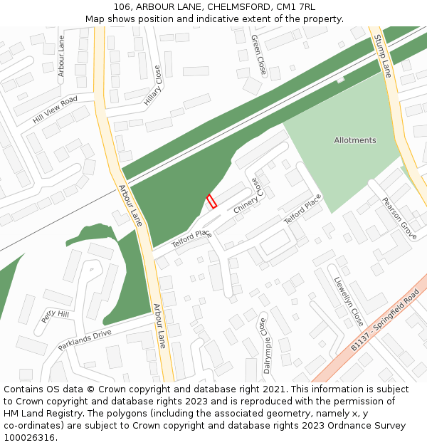 106, ARBOUR LANE, CHELMSFORD, CM1 7RL: Location map and indicative extent of plot