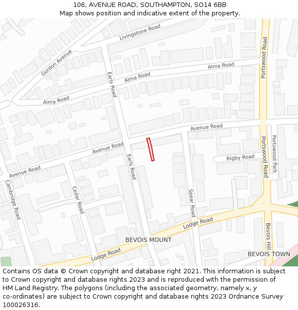106, AVENUE ROAD, SOUTHAMPTON, SO14 6BB: Location map and indicative extent of plot