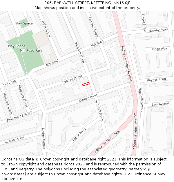 106, BARNWELL STREET, KETTERING, NN16 0JF: Location map and indicative extent of plot