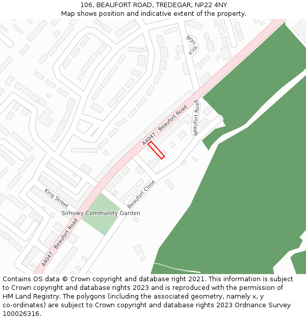 106, BEAUFORT ROAD, TREDEGAR, NP22 4NY: Location map and indicative extent of plot