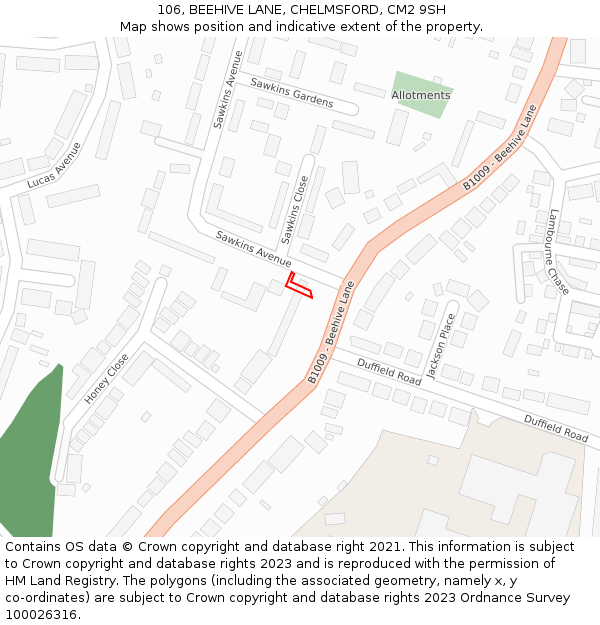 106, BEEHIVE LANE, CHELMSFORD, CM2 9SH: Location map and indicative extent of plot