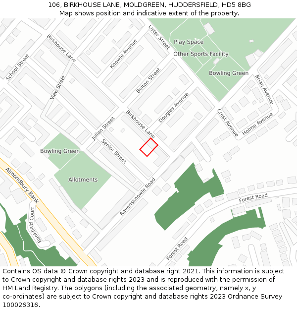 106, BIRKHOUSE LANE, MOLDGREEN, HUDDERSFIELD, HD5 8BG: Location map and indicative extent of plot