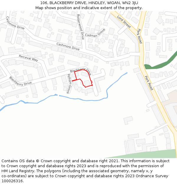 106, BLACKBERRY DRIVE, HINDLEY, WIGAN, WN2 3JU: Location map and indicative extent of plot