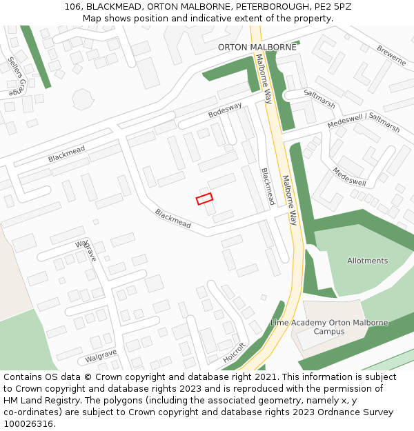 106, BLACKMEAD, ORTON MALBORNE, PETERBOROUGH, PE2 5PZ: Location map and indicative extent of plot