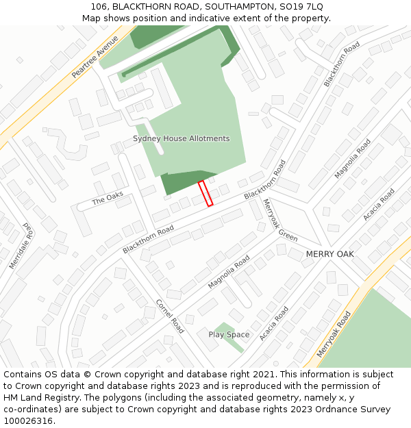 106, BLACKTHORN ROAD, SOUTHAMPTON, SO19 7LQ: Location map and indicative extent of plot