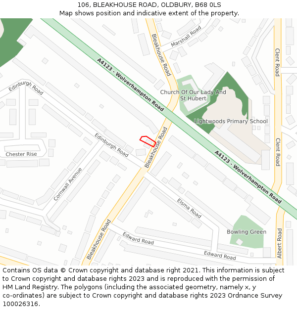 106, BLEAKHOUSE ROAD, OLDBURY, B68 0LS: Location map and indicative extent of plot