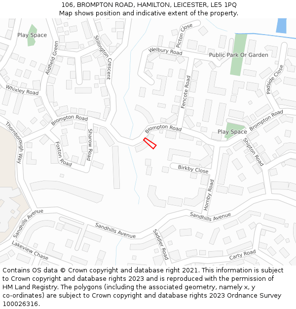 106, BROMPTON ROAD, HAMILTON, LEICESTER, LE5 1PQ: Location map and indicative extent of plot