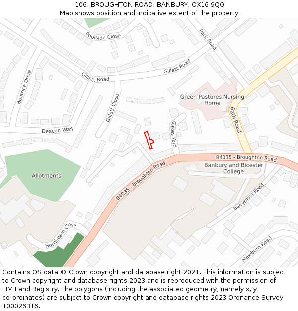 106, BROUGHTON ROAD, BANBURY, OX16 9QQ: Location map and indicative extent of plot