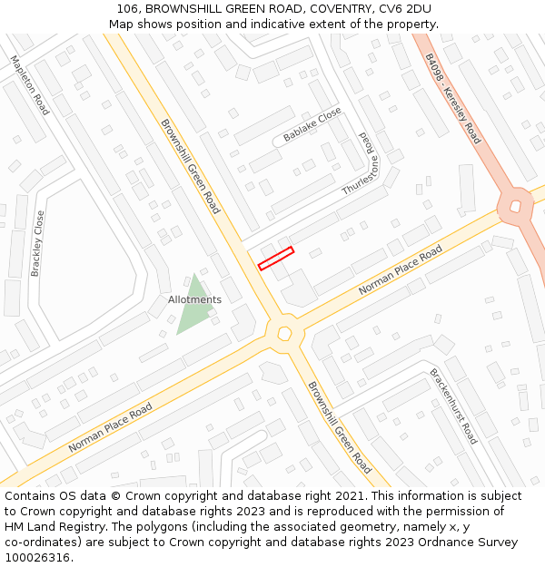 106, BROWNSHILL GREEN ROAD, COVENTRY, CV6 2DU: Location map and indicative extent of plot