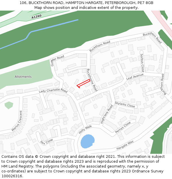 106, BUCKTHORN ROAD, HAMPTON HARGATE, PETERBOROUGH, PE7 8GB: Location map and indicative extent of plot