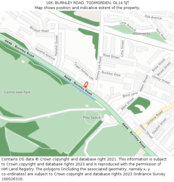 106, BURNLEY ROAD, TODMORDEN, OL14 5JT: Location map and indicative extent of plot