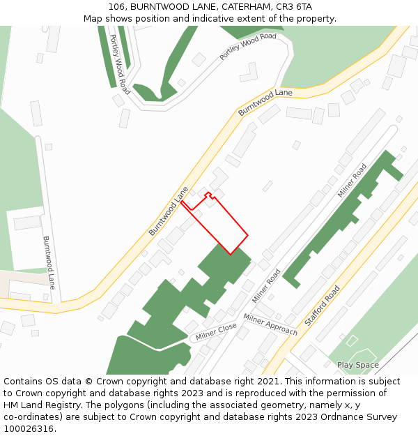 106, BURNTWOOD LANE, CATERHAM, CR3 6TA: Location map and indicative extent of plot