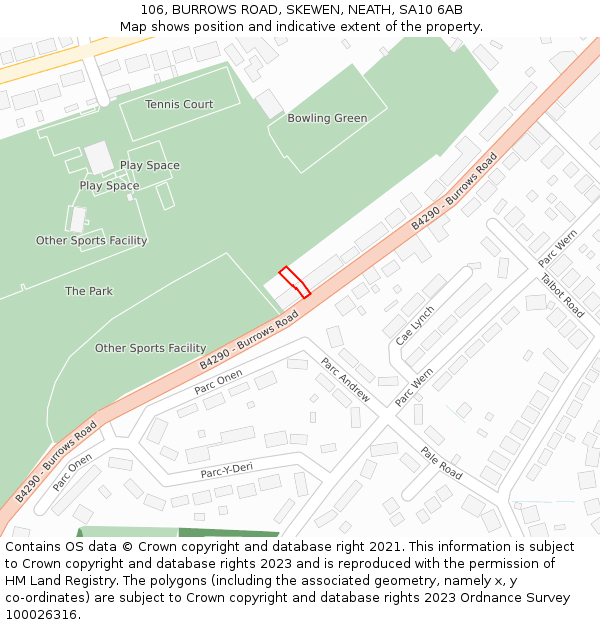 106, BURROWS ROAD, SKEWEN, NEATH, SA10 6AB: Location map and indicative extent of plot