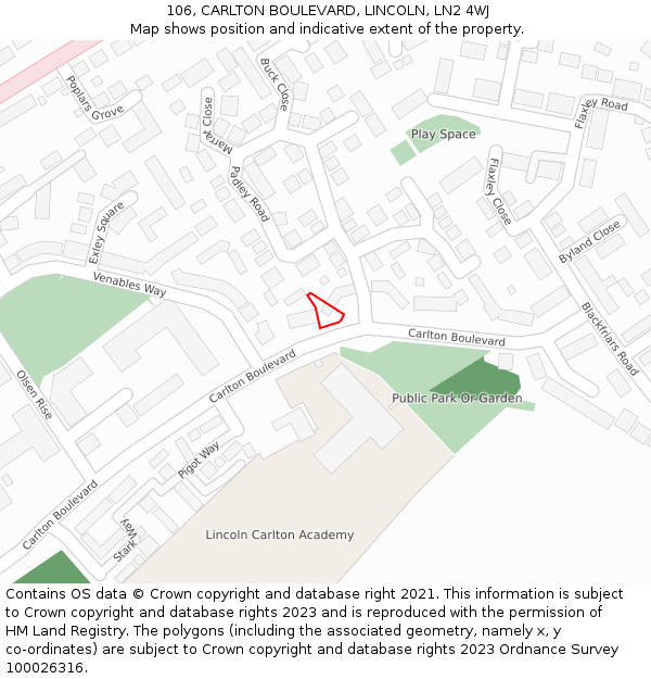 106, CARLTON BOULEVARD, LINCOLN, LN2 4WJ: Location map and indicative extent of plot