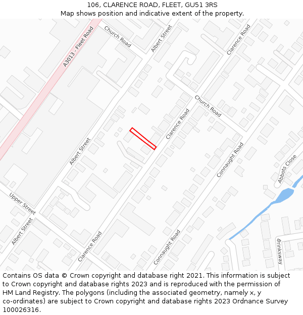 106, CLARENCE ROAD, FLEET, GU51 3RS: Location map and indicative extent of plot