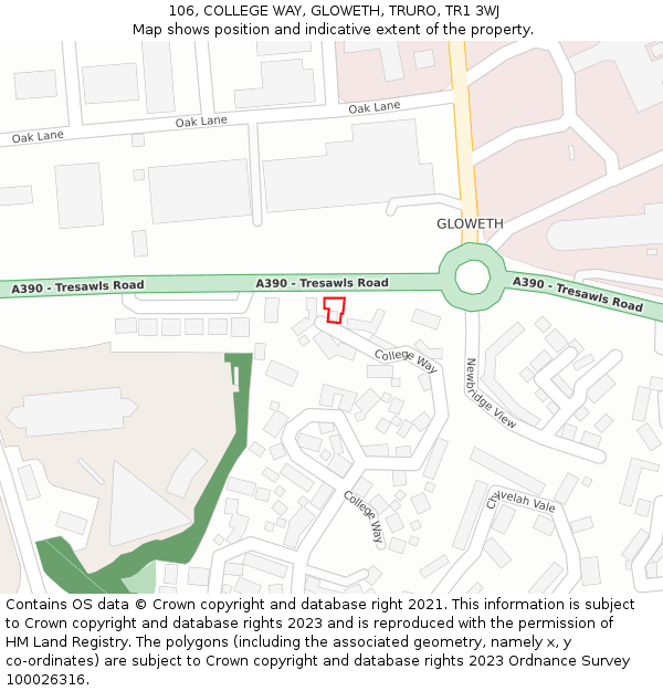 106, COLLEGE WAY, GLOWETH, TRURO, TR1 3WJ: Location map and indicative extent of plot