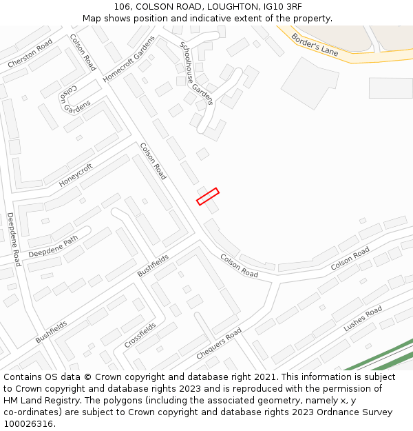 106, COLSON ROAD, LOUGHTON, IG10 3RF: Location map and indicative extent of plot