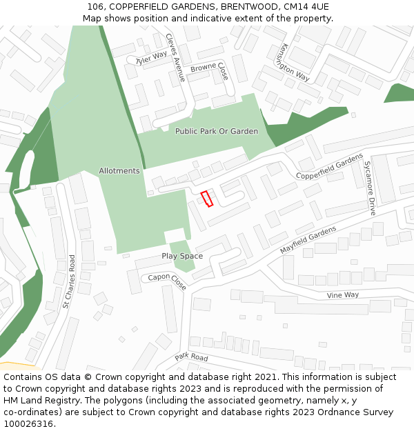 106, COPPERFIELD GARDENS, BRENTWOOD, CM14 4UE: Location map and indicative extent of plot