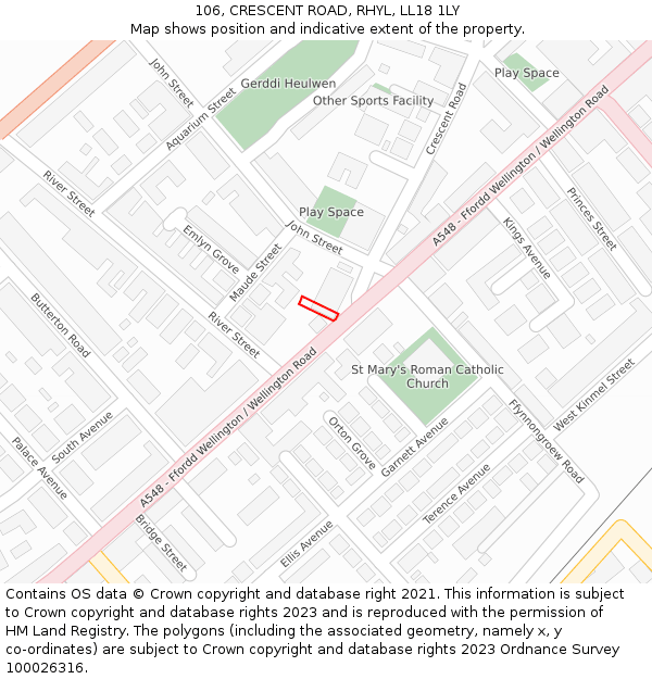 106, CRESCENT ROAD, RHYL, LL18 1LY: Location map and indicative extent of plot