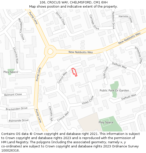106, CROCUS WAY, CHELMSFORD, CM1 6XH: Location map and indicative extent of plot