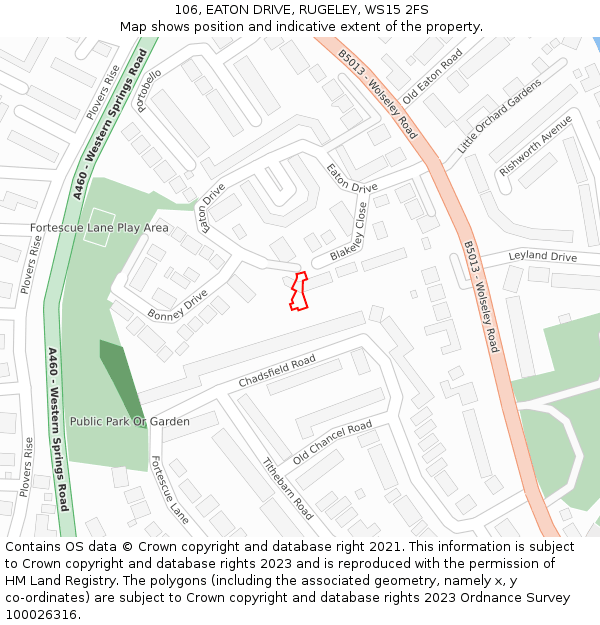 106, EATON DRIVE, RUGELEY, WS15 2FS: Location map and indicative extent of plot