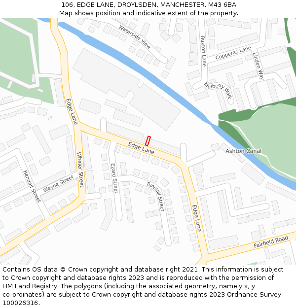 106, EDGE LANE, DROYLSDEN, MANCHESTER, M43 6BA: Location map and indicative extent of plot