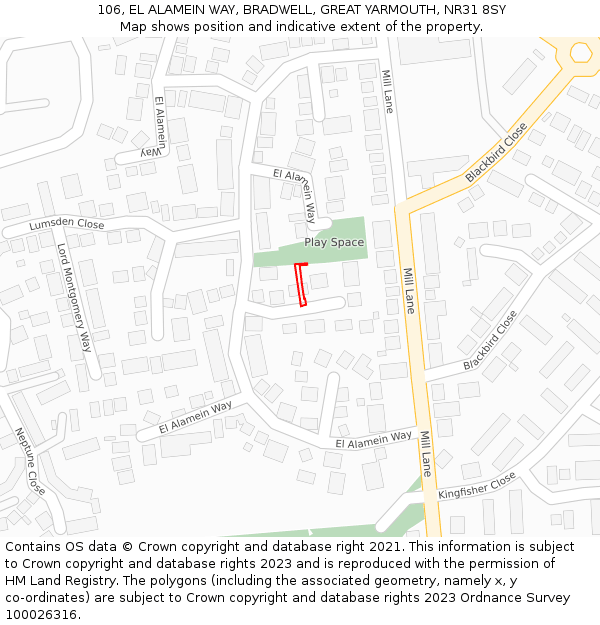 106, EL ALAMEIN WAY, BRADWELL, GREAT YARMOUTH, NR31 8SY: Location map and indicative extent of plot