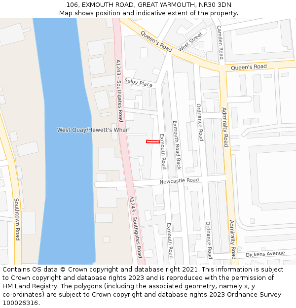 106, EXMOUTH ROAD, GREAT YARMOUTH, NR30 3DN: Location map and indicative extent of plot