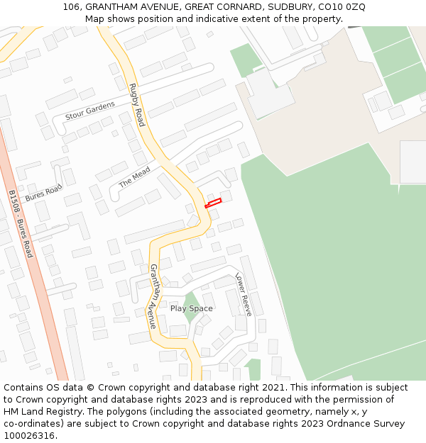106, GRANTHAM AVENUE, GREAT CORNARD, SUDBURY, CO10 0ZQ: Location map and indicative extent of plot