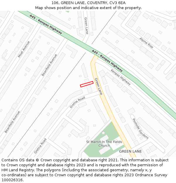 106, GREEN LANE, COVENTRY, CV3 6EA: Location map and indicative extent of plot