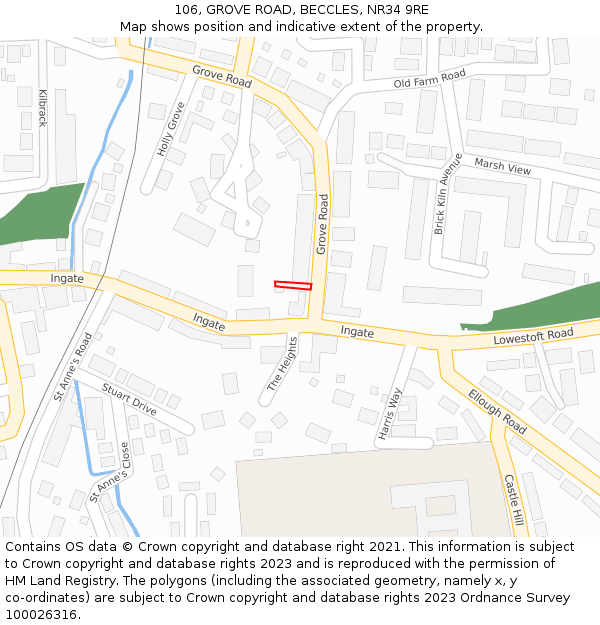 106, GROVE ROAD, BECCLES, NR34 9RE: Location map and indicative extent of plot