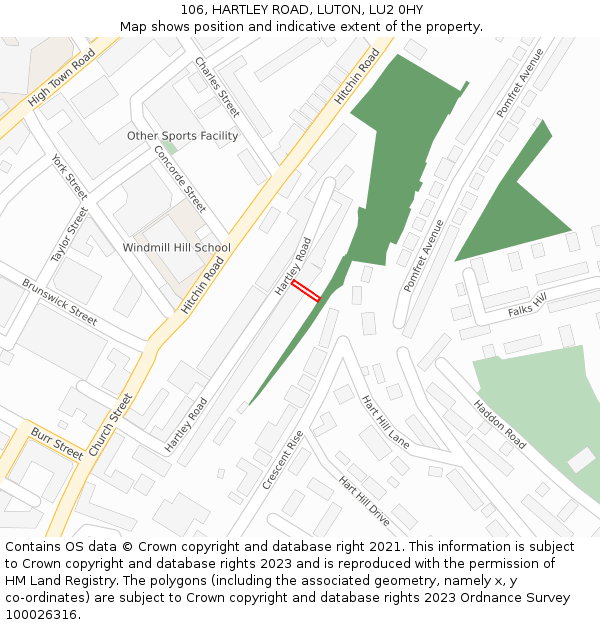 106, HARTLEY ROAD, LUTON, LU2 0HY: Location map and indicative extent of plot