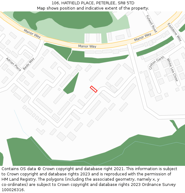 106, HATFIELD PLACE, PETERLEE, SR8 5TD: Location map and indicative extent of plot