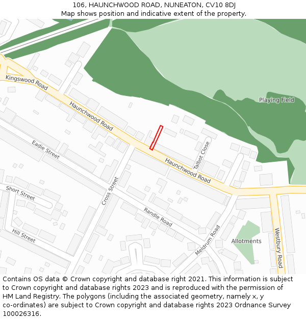 106, HAUNCHWOOD ROAD, NUNEATON, CV10 8DJ: Location map and indicative extent of plot