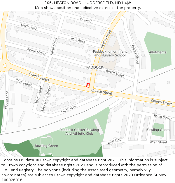 106, HEATON ROAD, HUDDERSFIELD, HD1 4JW: Location map and indicative extent of plot