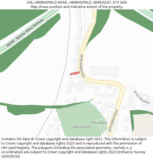 106, HEMINGFIELD ROAD, HEMINGFIELD, BARNSLEY, S73 0QA: Location map and indicative extent of plot