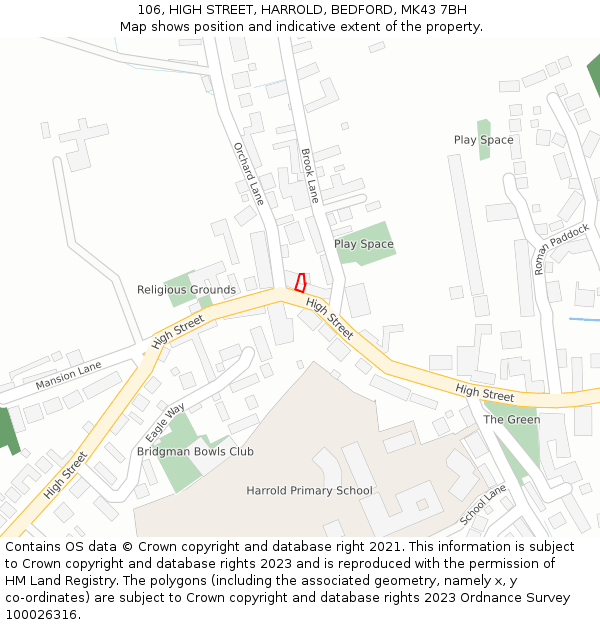 106, HIGH STREET, HARROLD, BEDFORD, MK43 7BH: Location map and indicative extent of plot