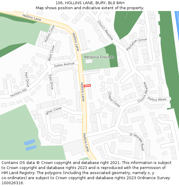 106, HOLLINS LANE, BURY, BL9 8AH: Location map and indicative extent of plot