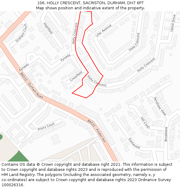 106, HOLLY CRESCENT, SACRISTON, DURHAM, DH7 6PT: Location map and indicative extent of plot
